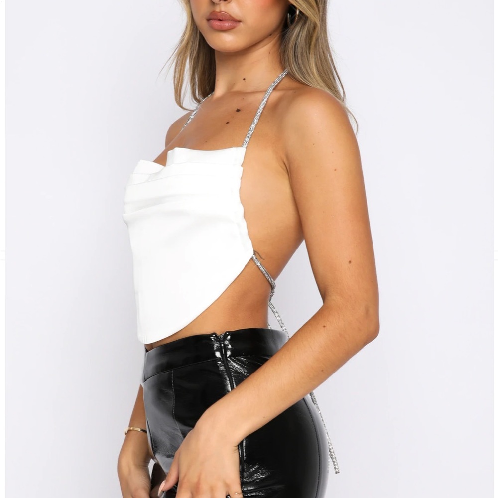 White Fox Boutique white crop top with rhinestone ties